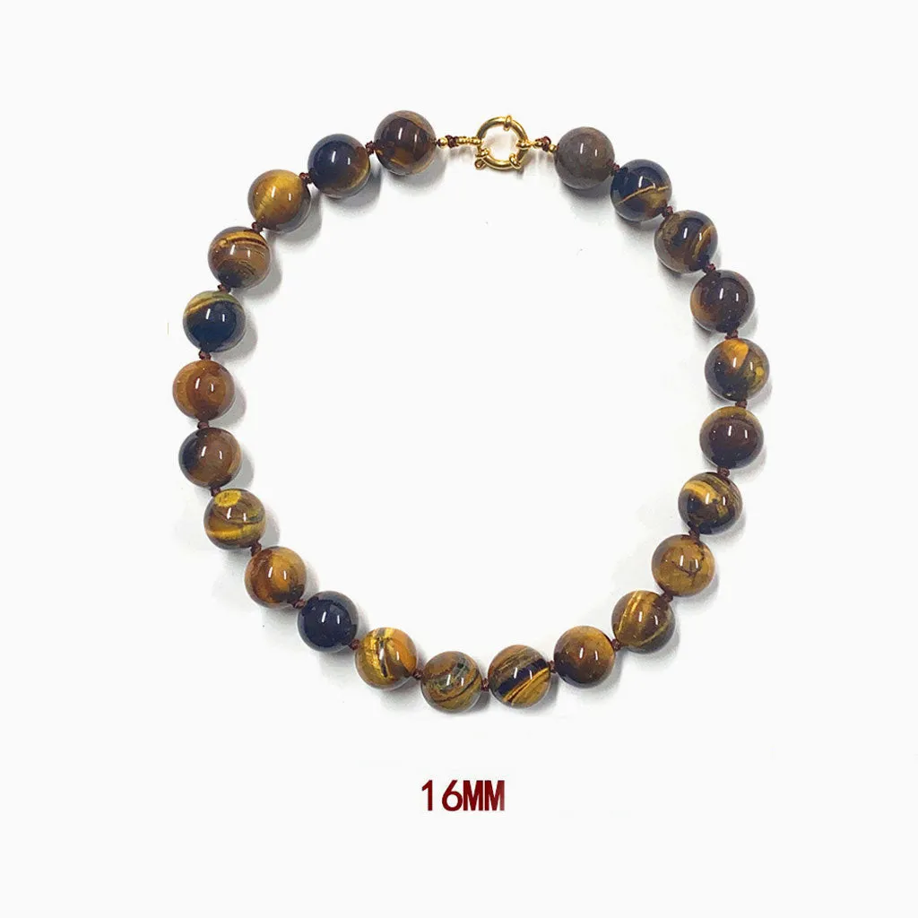 18K Gold Plated Tigers Eye Knotted Station Round Bead Choker Necklace