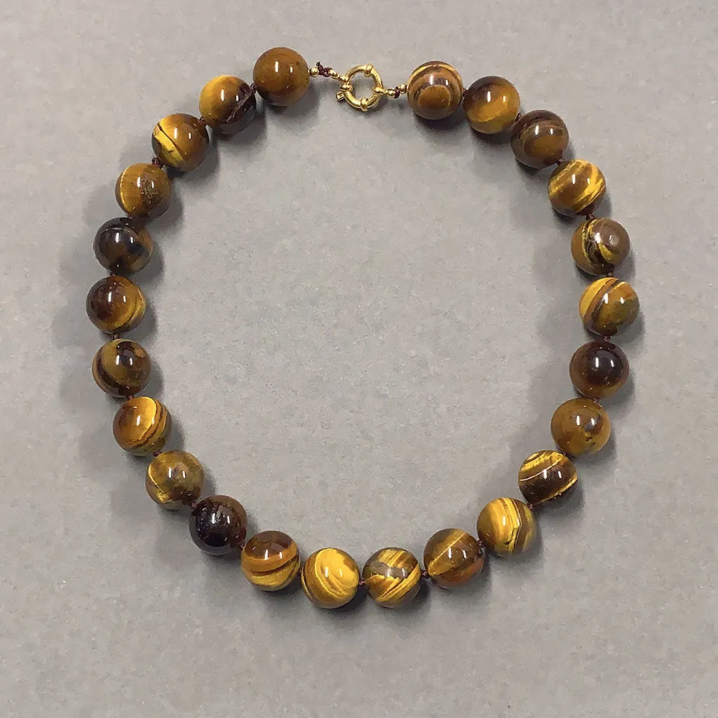 18K Gold Plated Tigers Eye Knotted Station Round Bead Choker Necklace