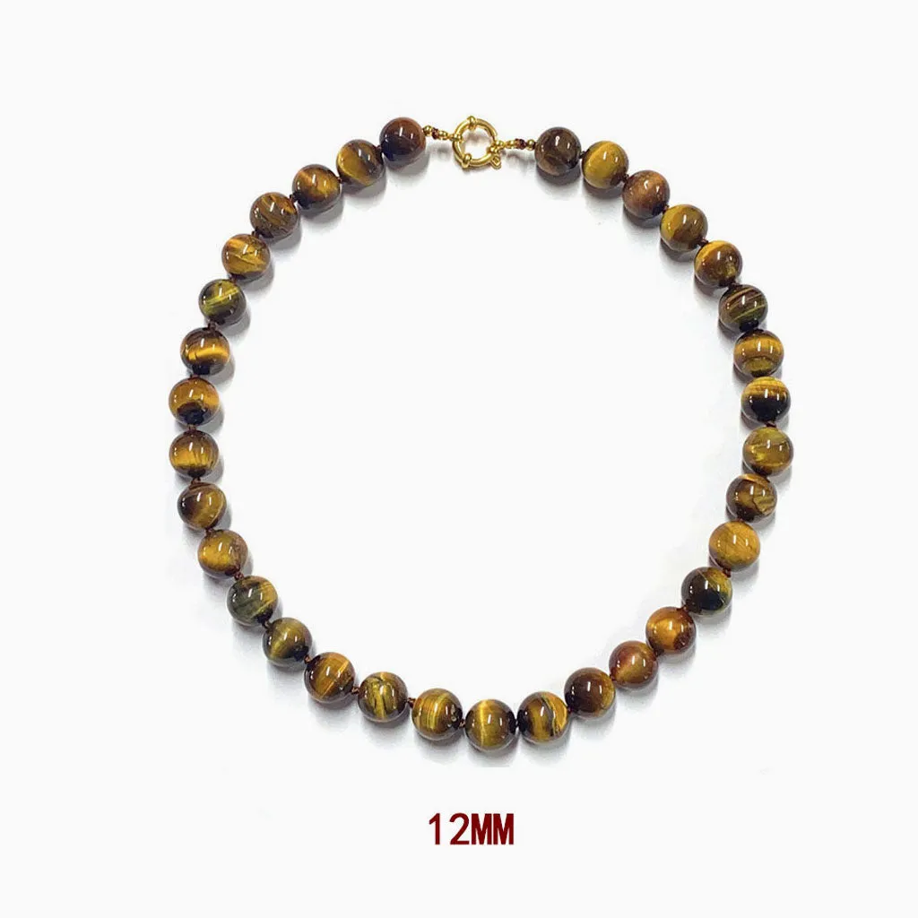 18K Gold Plated Tigers Eye Knotted Station Round Bead Choker Necklace