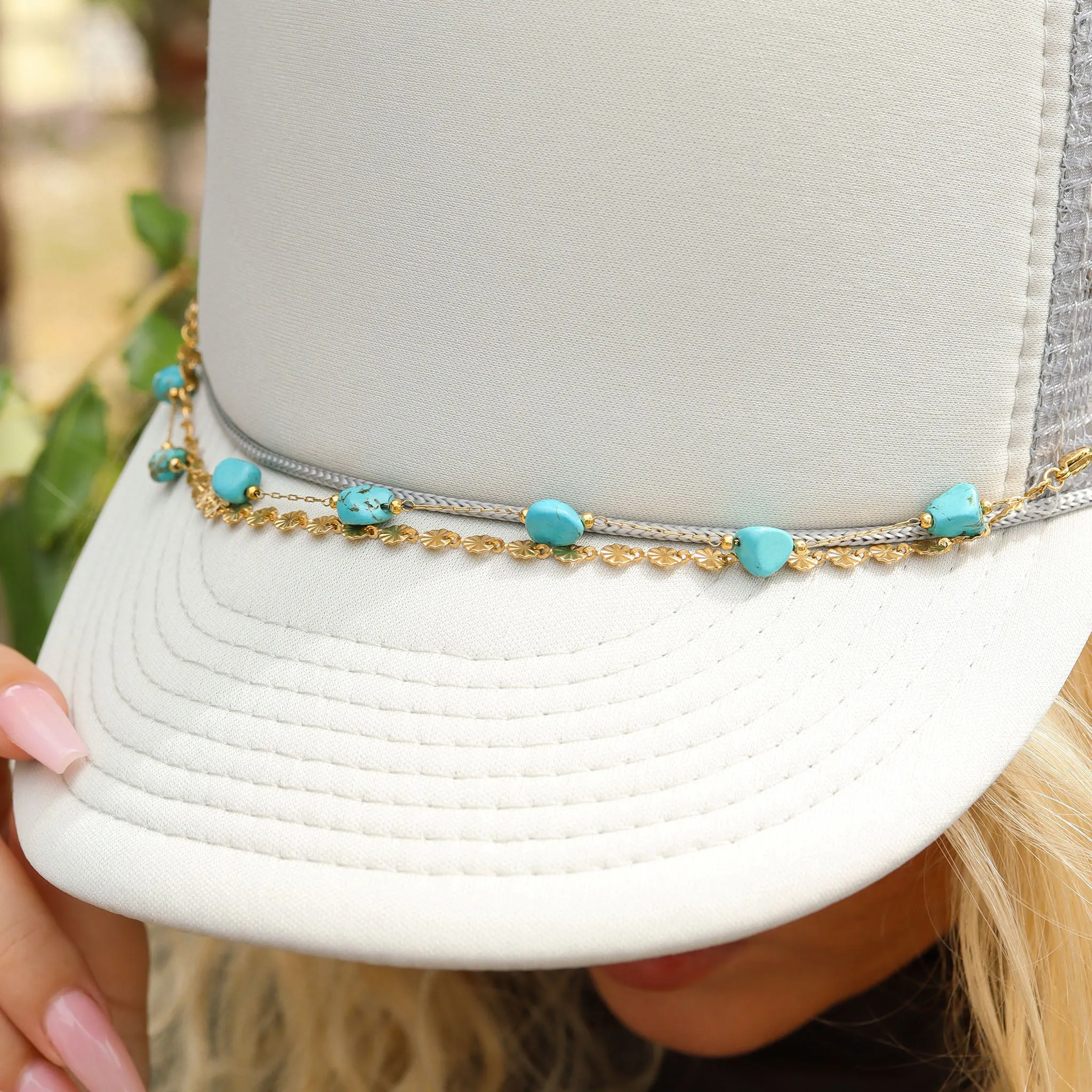 18K Gold PVD Stainless Steel Crimped Oval & Turquoise Stone Layered Trucker Hat Chain / CHN0038