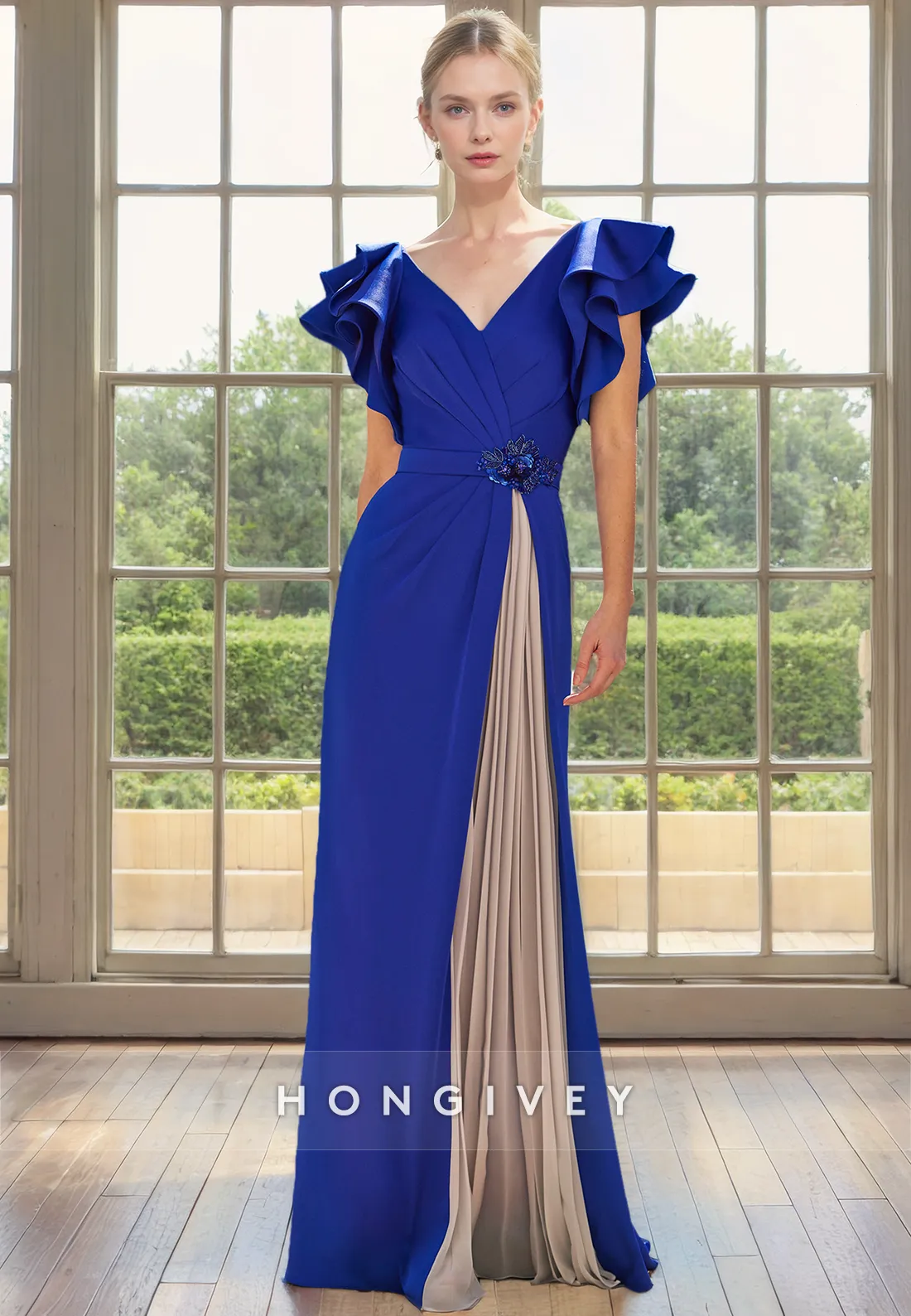 A-Line V-Neck Ruffled Empire Belt Mother of the Bride Dress