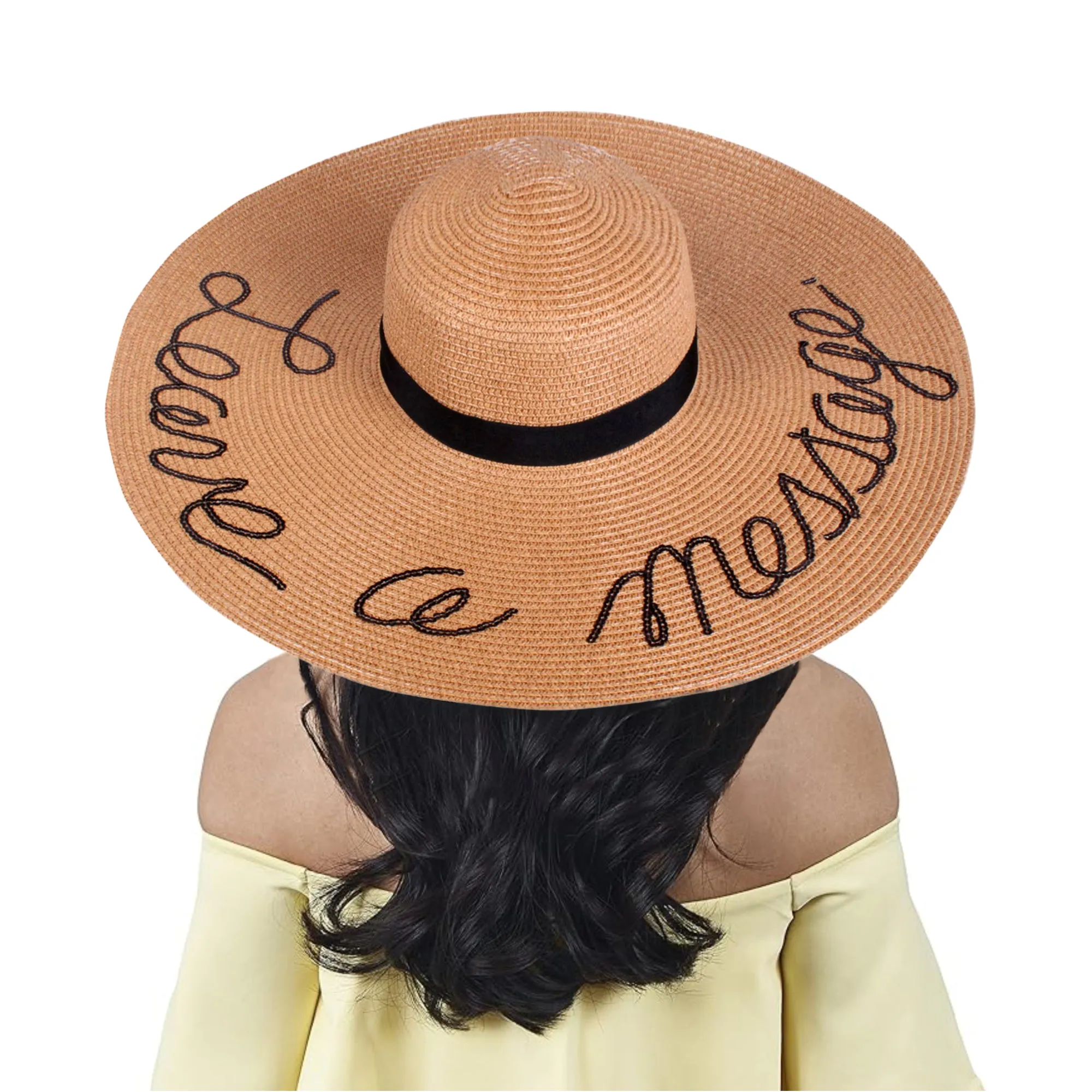 A&O Women's  LEAVE A MESSAGE Sequin Lettering Wide Brim Straw Floppy Sun Hat