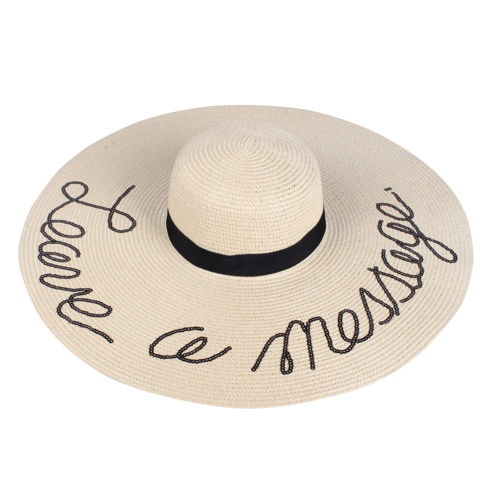 A&O Women's  LEAVE A MESSAGE Sequin Lettering Wide Brim Straw Floppy Sun Hat