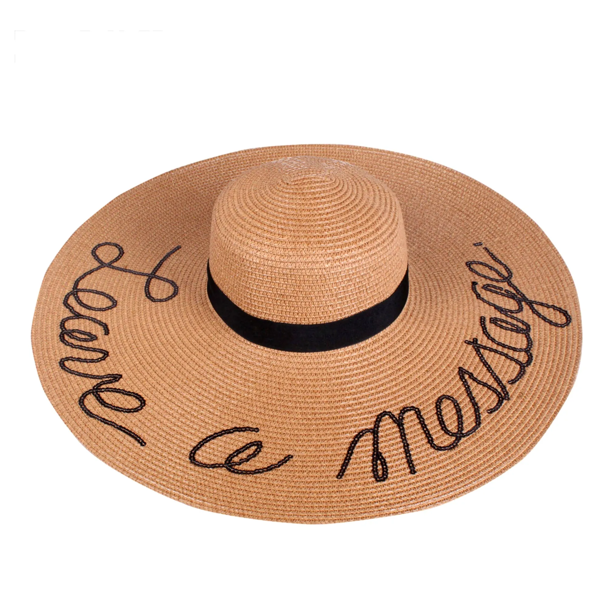 A&O Women's  LEAVE A MESSAGE Sequin Lettering Wide Brim Straw Floppy Sun Hat