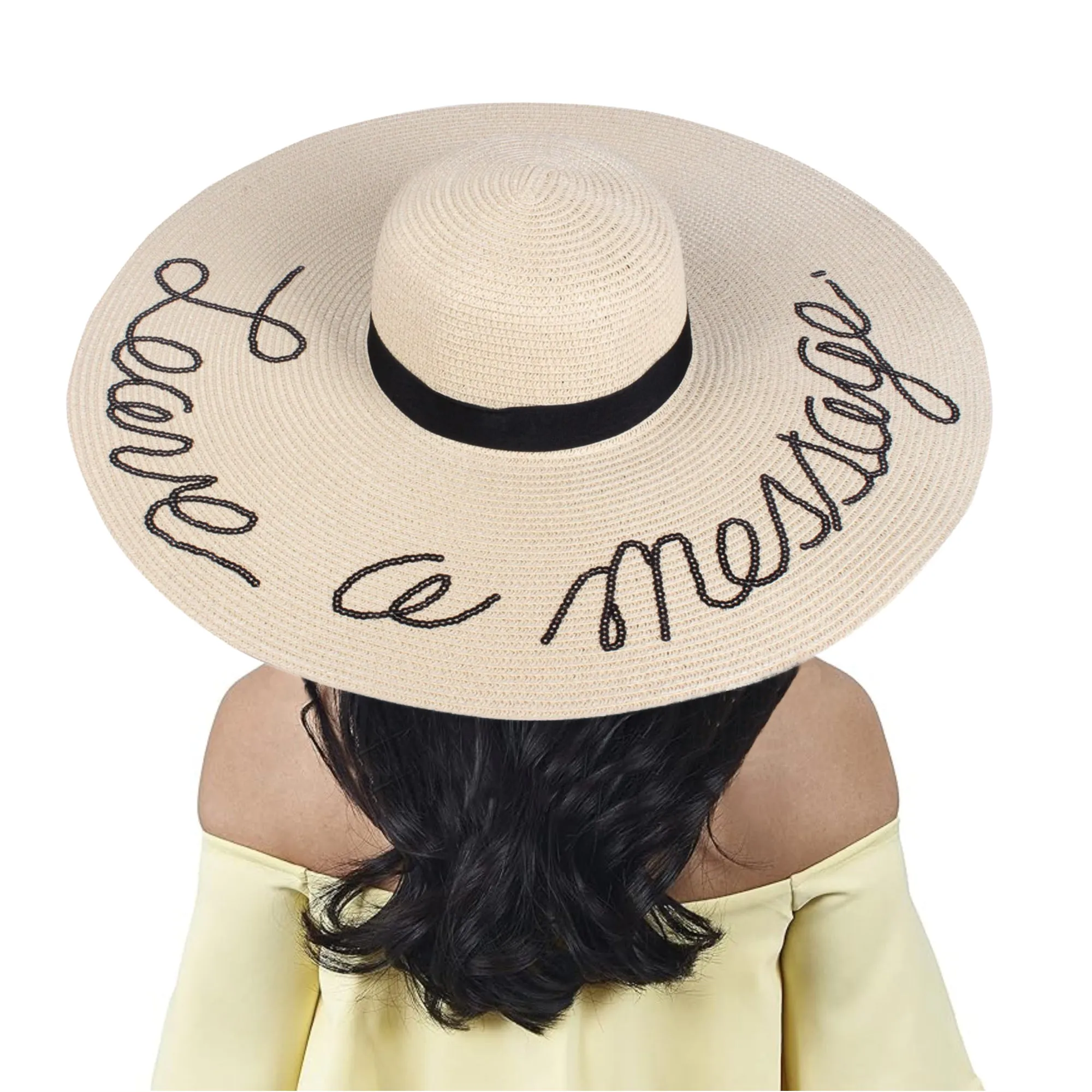 A&O Women's  LEAVE A MESSAGE Sequin Lettering Wide Brim Straw Floppy Sun Hat