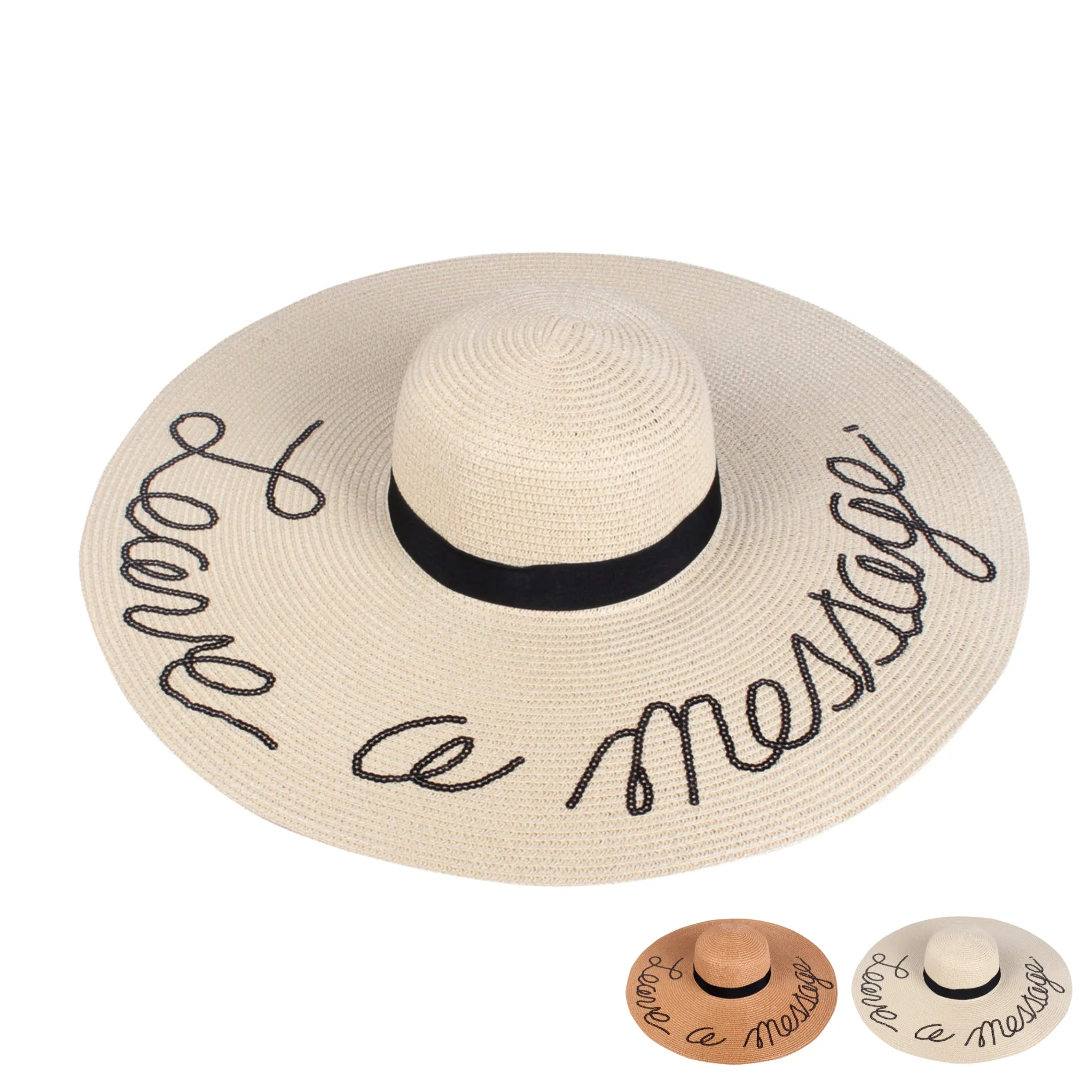 A&O Women's  LEAVE A MESSAGE Sequin Lettering Wide Brim Straw Floppy Sun Hat