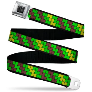 BD Wings Logo CLOSE-UP Black/Silver Seatbelt Belt - 8-Bit Pixel Step Stripe Black/Brown/Green/Yellow Webbing