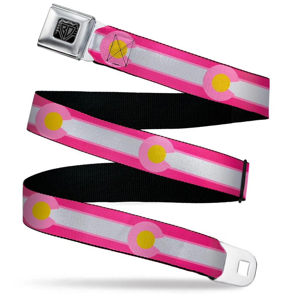 BD Wings Logo CLOSE-UP Black/Silver Seatbelt Belt - Colorado Flags7 Repeat Pinks/White/Light Pink/Yellow Webbing