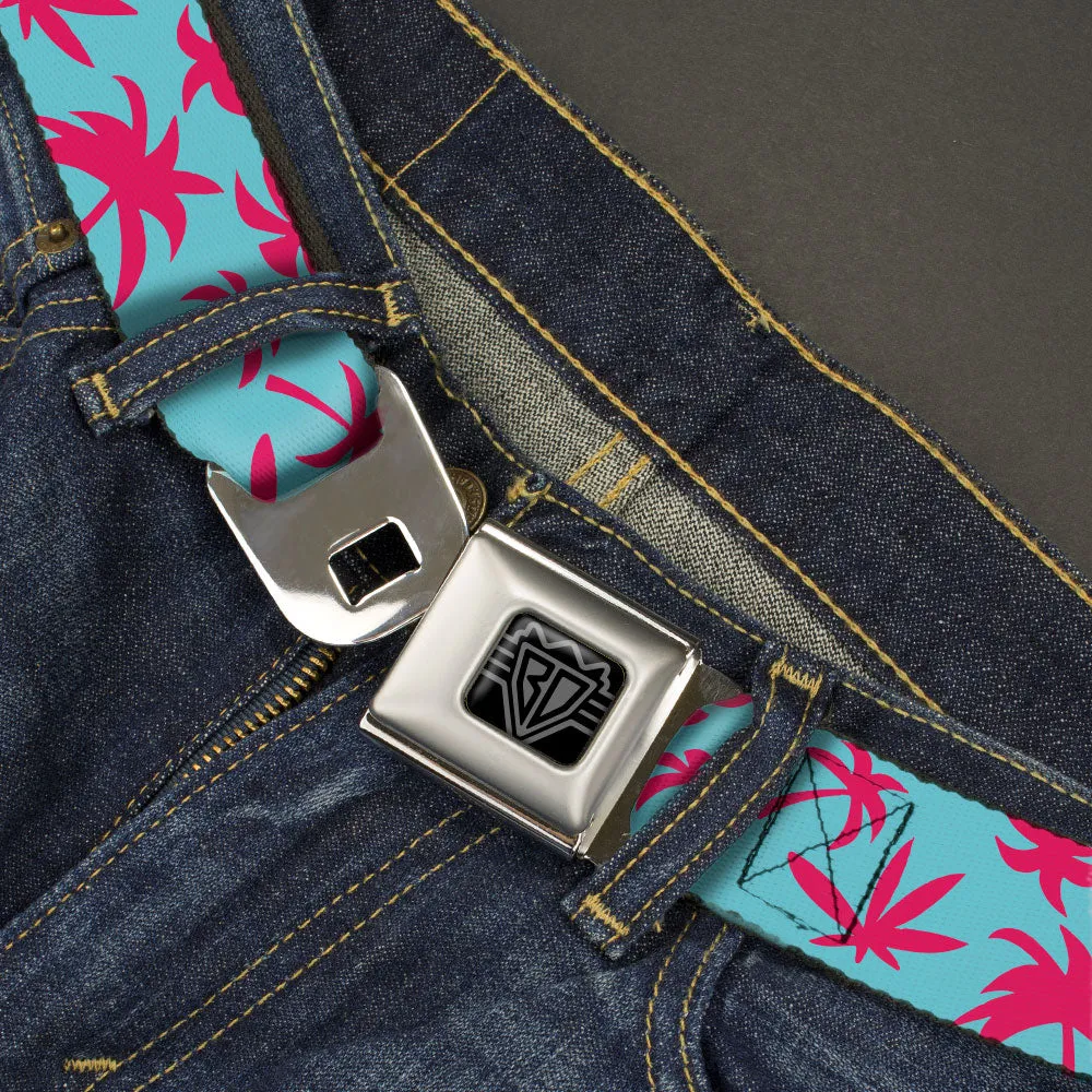 BD Wings Logo CLOSE-UP Black/Silver Seatbelt Belt - Palm Tree Silhouette4 Scattered Aqua/Pink Webbing