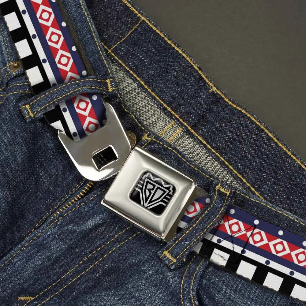 BD Wings Logo CLOSE-UP Full Color Black Silver Seatbelt Belt - Aztec3 White/Navy/Red/Black Webbing