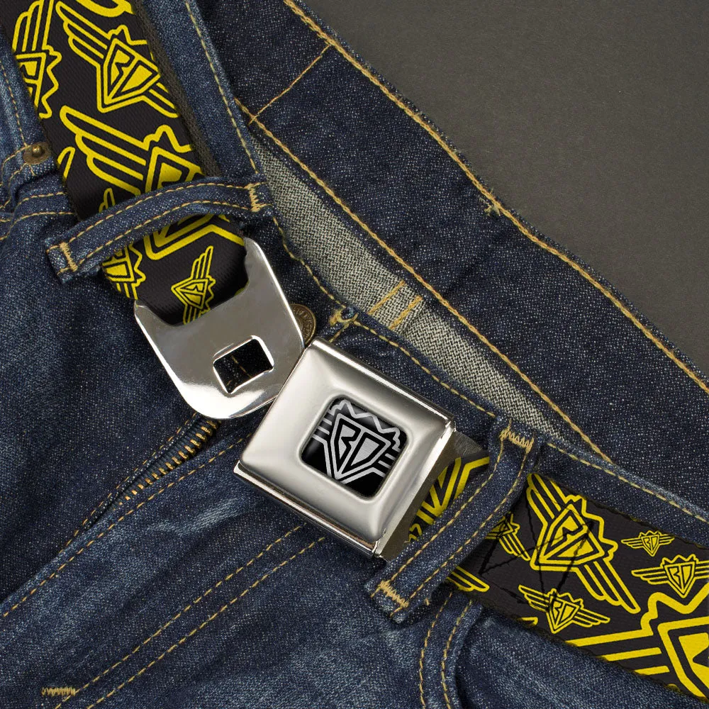 BD Wings Logo CLOSE-UP Full Color Black Silver Seatbelt Belt - BD Logo Scattered Black/Yellow Webbing