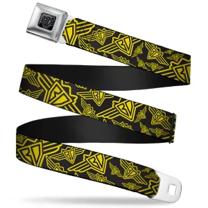 BD Wings Logo CLOSE-UP Full Color Black Silver Seatbelt Belt - BD Logo Scattered Black/Yellow Webbing