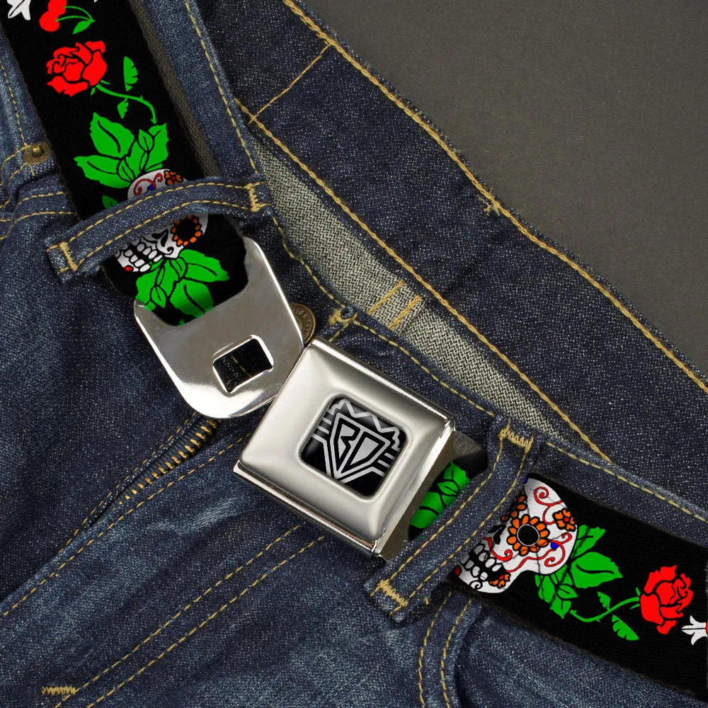 BD Wings Logo CLOSE-UP Full Color Black Silver Seatbelt Belt - Sugar Skull w/Roses & Heart Webbing by Buckle-Down