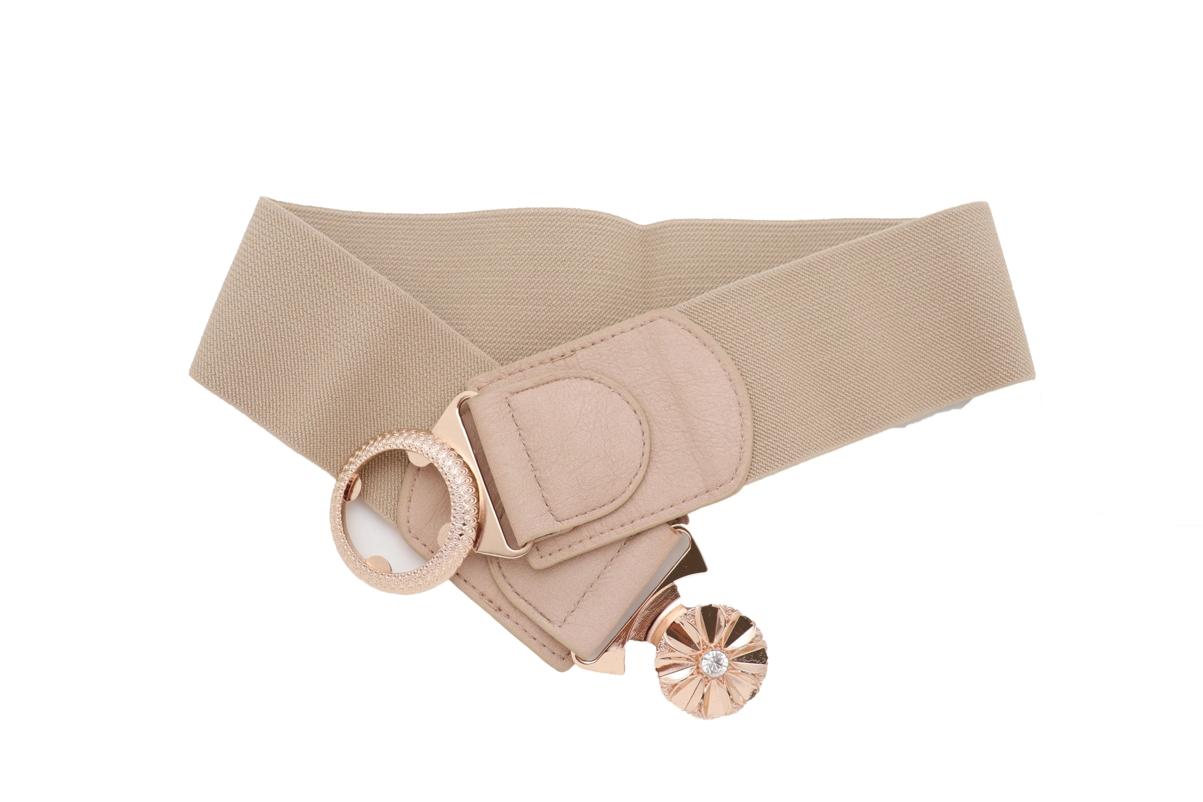 Beige Elastic Fashion Belt Hip High Waist Gold Metal Flower Buckle Fit S M