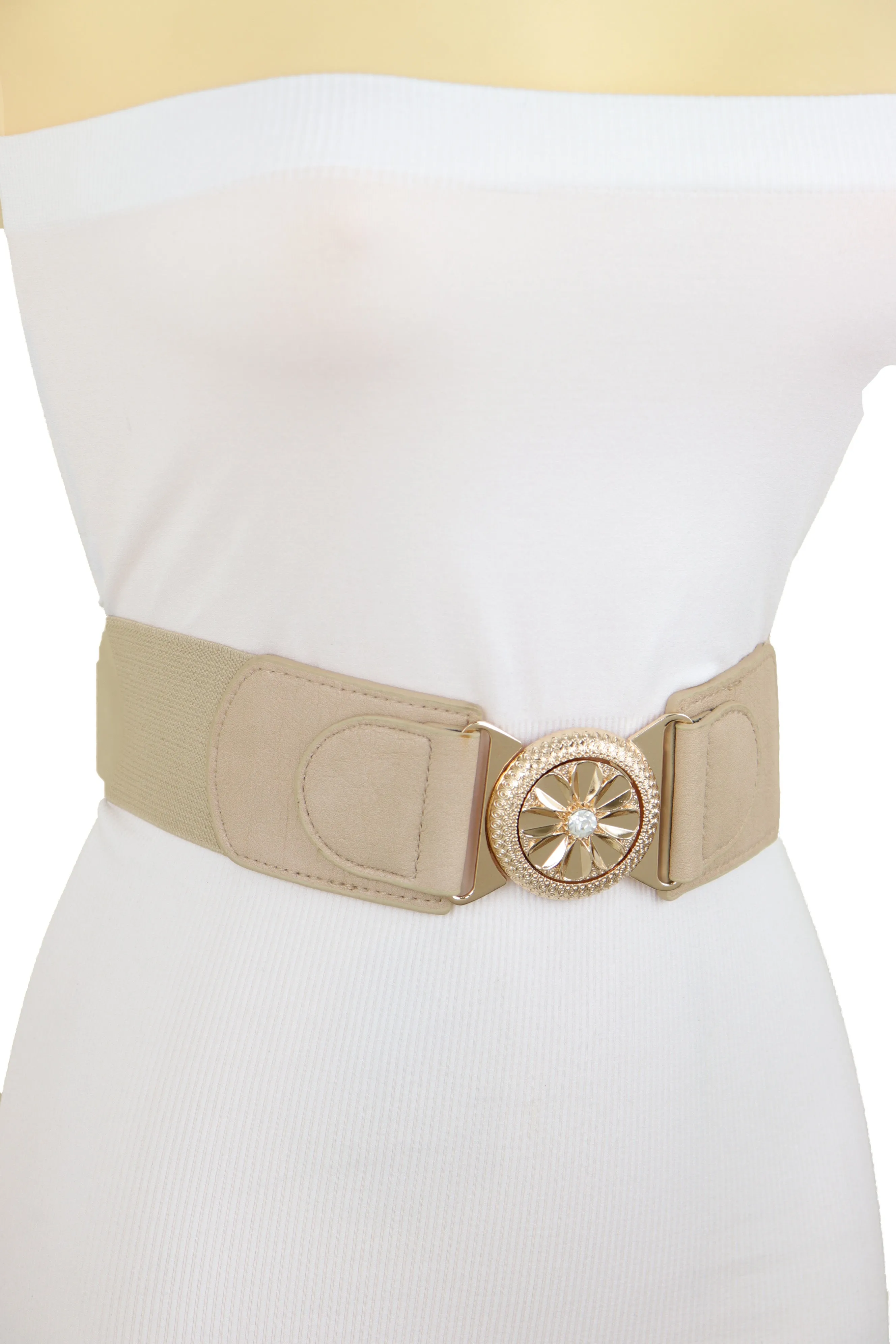 Beige Elastic Fashion Belt Hip High Waist Gold Metal Flower Buckle Fit S M