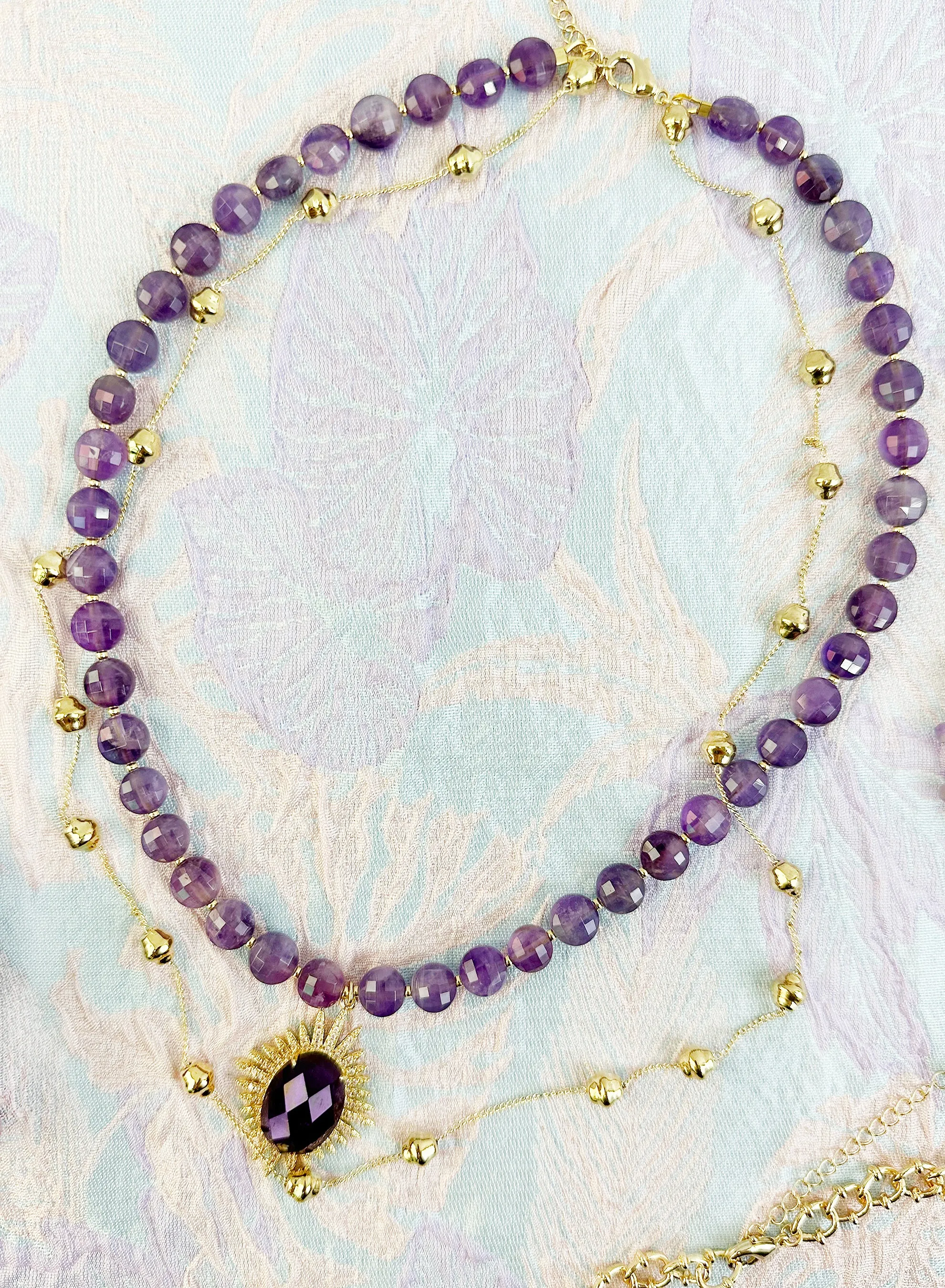 Bohemian Style Amethyst With Gold Chain Double Layers Necklace KN042