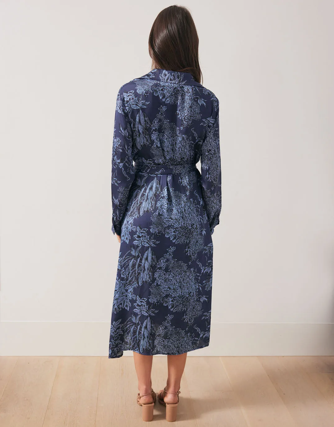 Botanic Print Midi Shirt Dress - Navy