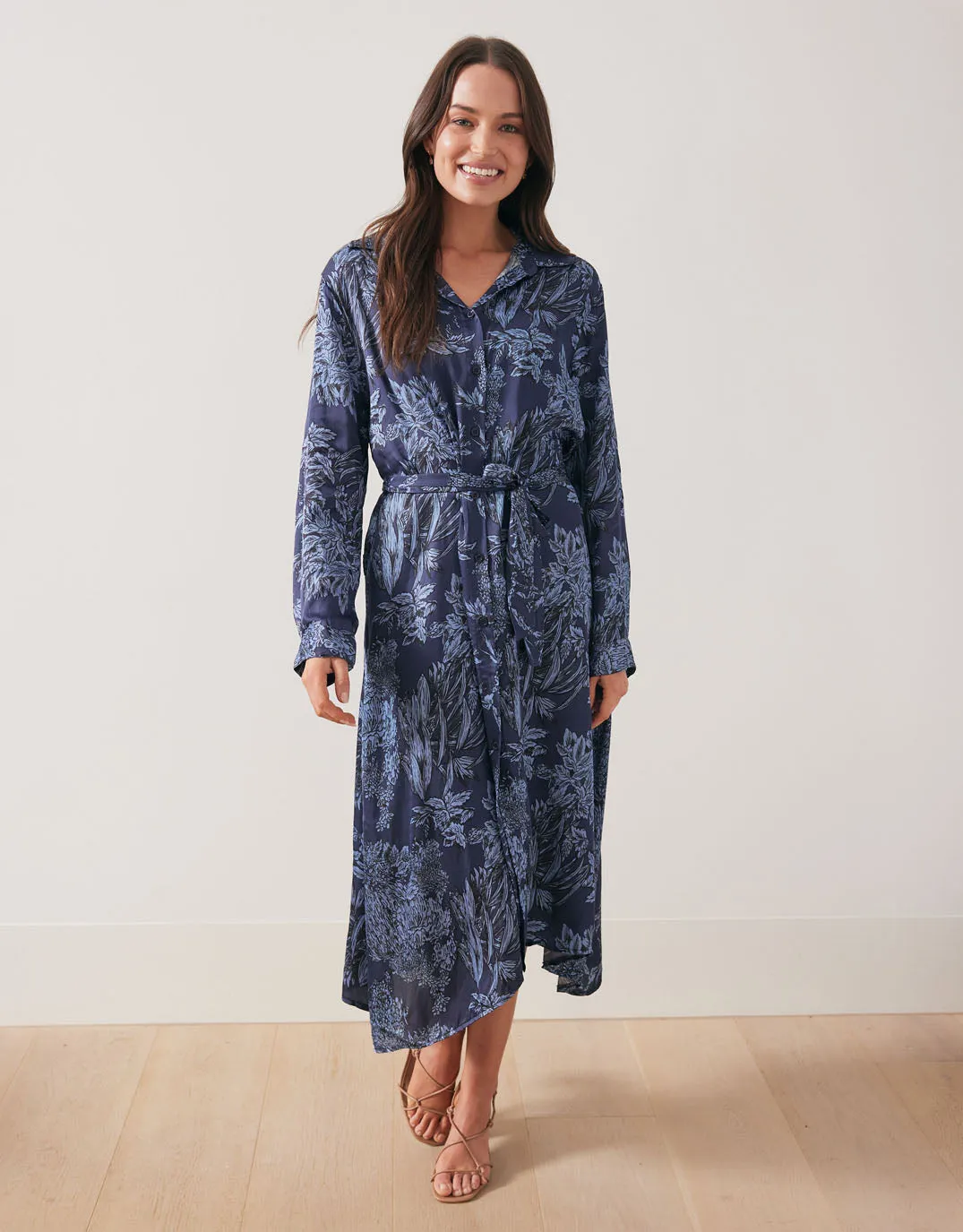 Botanic Print Midi Shirt Dress - Navy