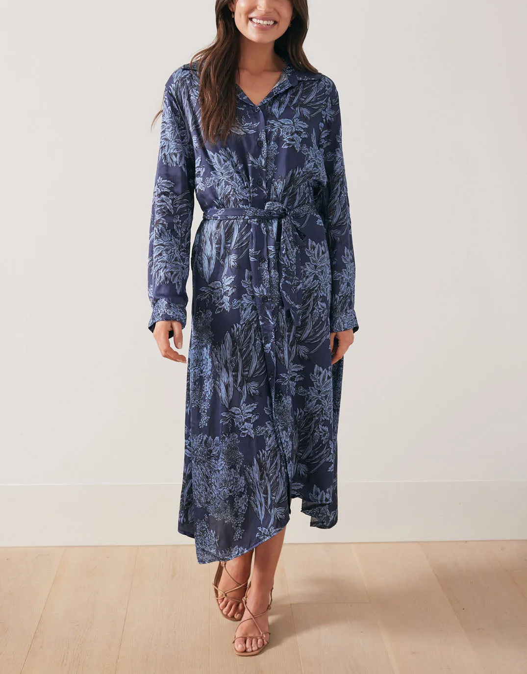 Botanic Print Midi Shirt Dress - Navy