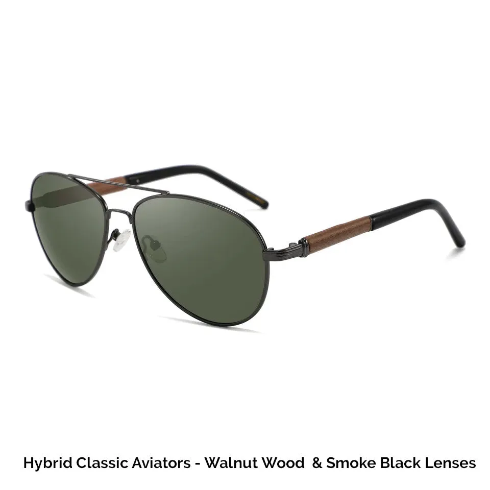 Classic Aviator Hybrid Acetate Frame Sunglasses with Real Wood Inlay & Polarized Lenses by WUDN