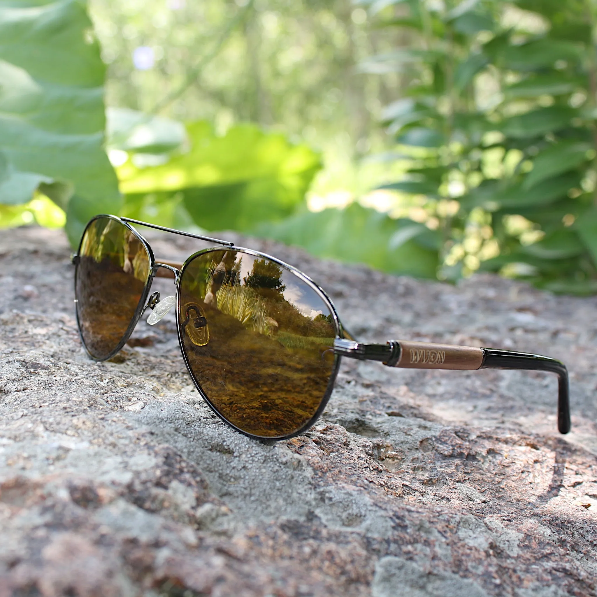 Classic Aviator Hybrid Acetate Frame Sunglasses with Real Wood Inlay & Polarized Lenses by WUDN