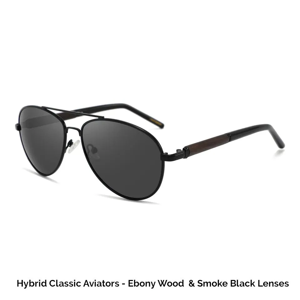 Classic Aviator Hybrid Acetate Frame Sunglasses with Real Wood Inlay & Polarized Lenses by WUDN