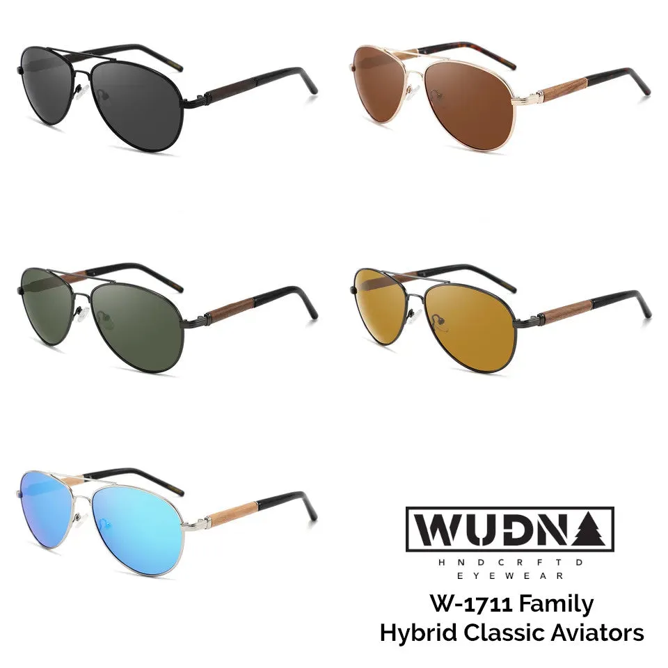 Classic Aviator Hybrid Acetate Frame Sunglasses with Real Wood Inlay & Polarized Lenses by WUDN