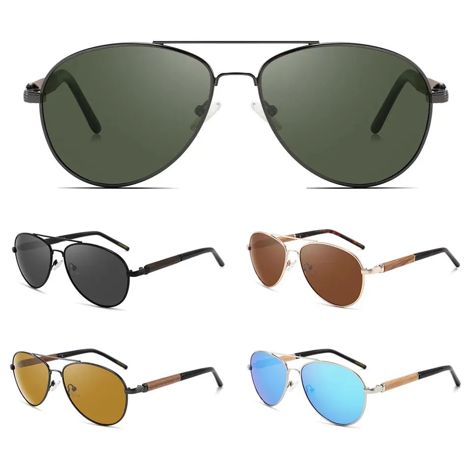 Classic Aviator Hybrid Acetate Frame Sunglasses with Real Wood Inlay & Polarized Lenses by WUDN