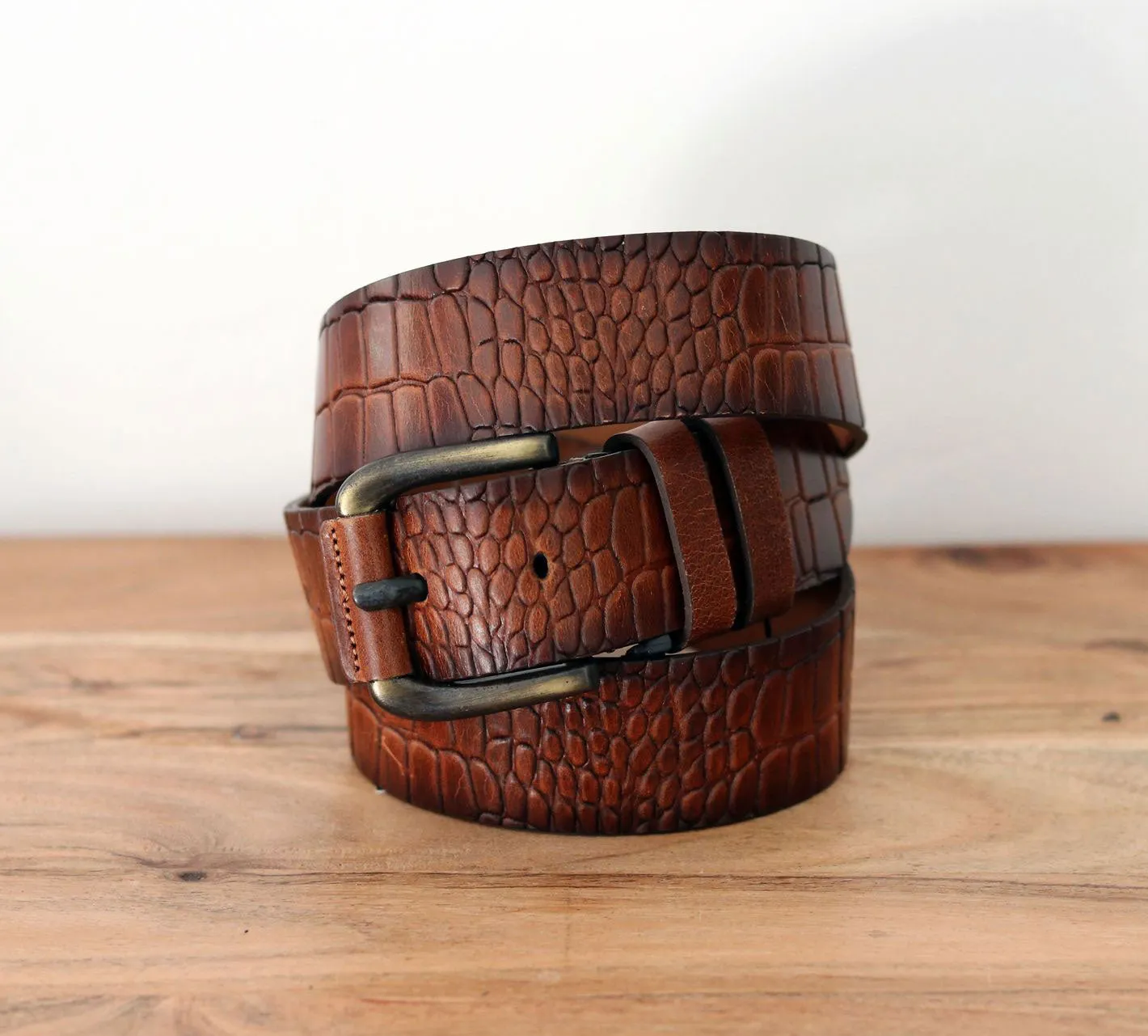 Crocodile Printed Leather Belt Camel