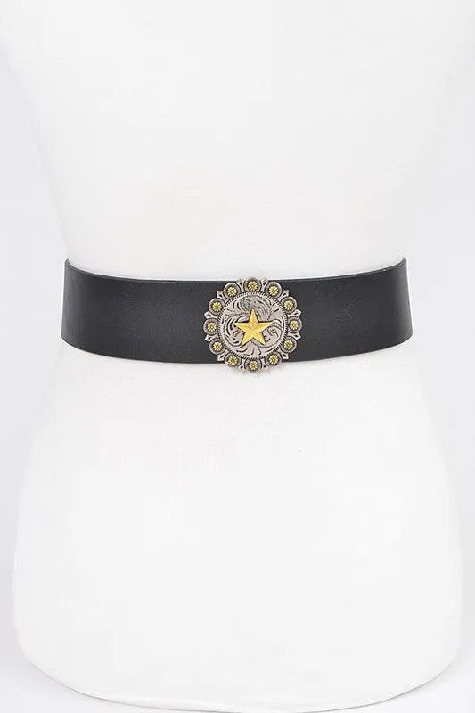 Faux Leather Western Style Multi Metal Belt with Star Accent piece