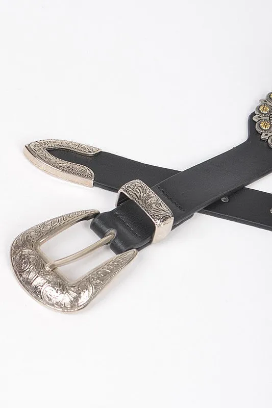 Faux Leather Western Style Multi Metal Belt with Star Accent piece