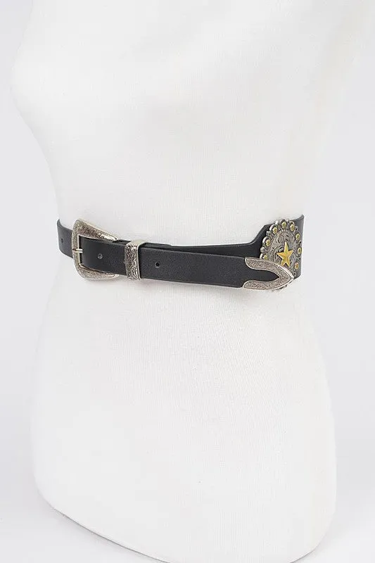 Faux Leather Western Style Multi Metal Belt with Star Accent piece