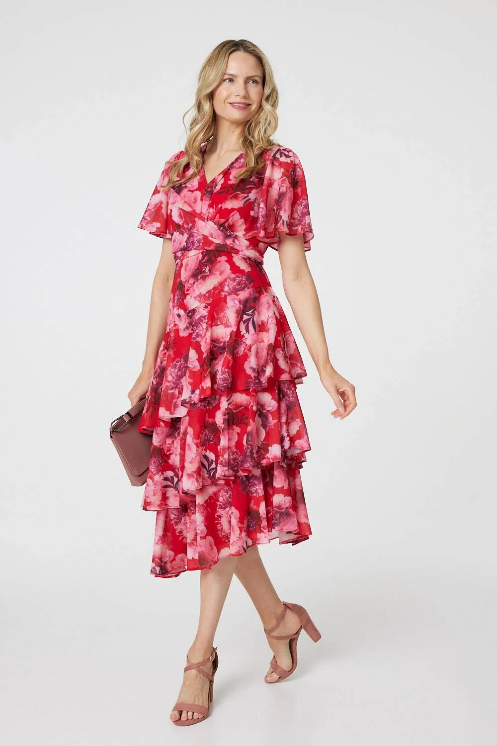 Floral Asymmetric Ruffled Midi Dress