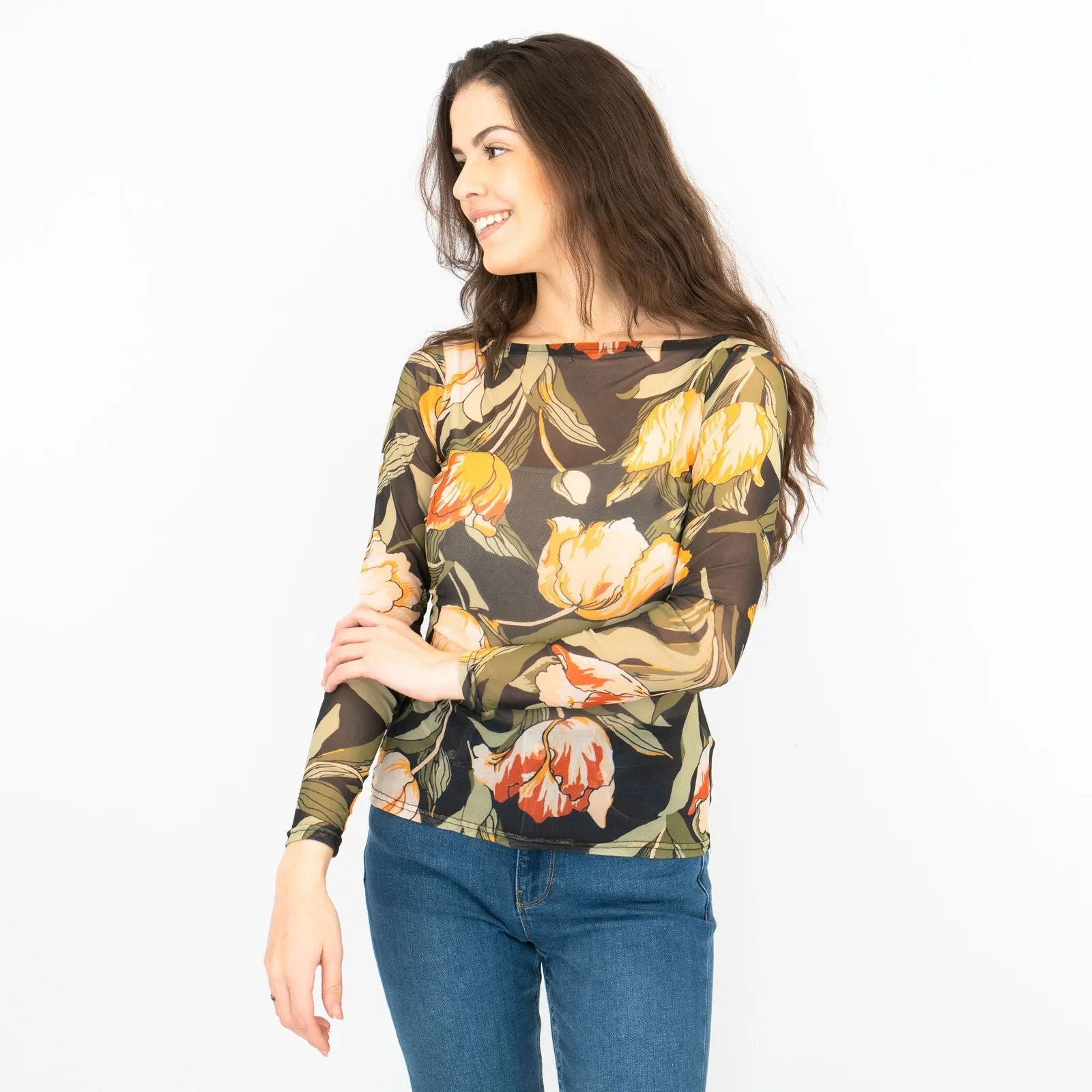 Karen Millen Floral Tulip Mesh Top Womens Long Sleeve Round Neck