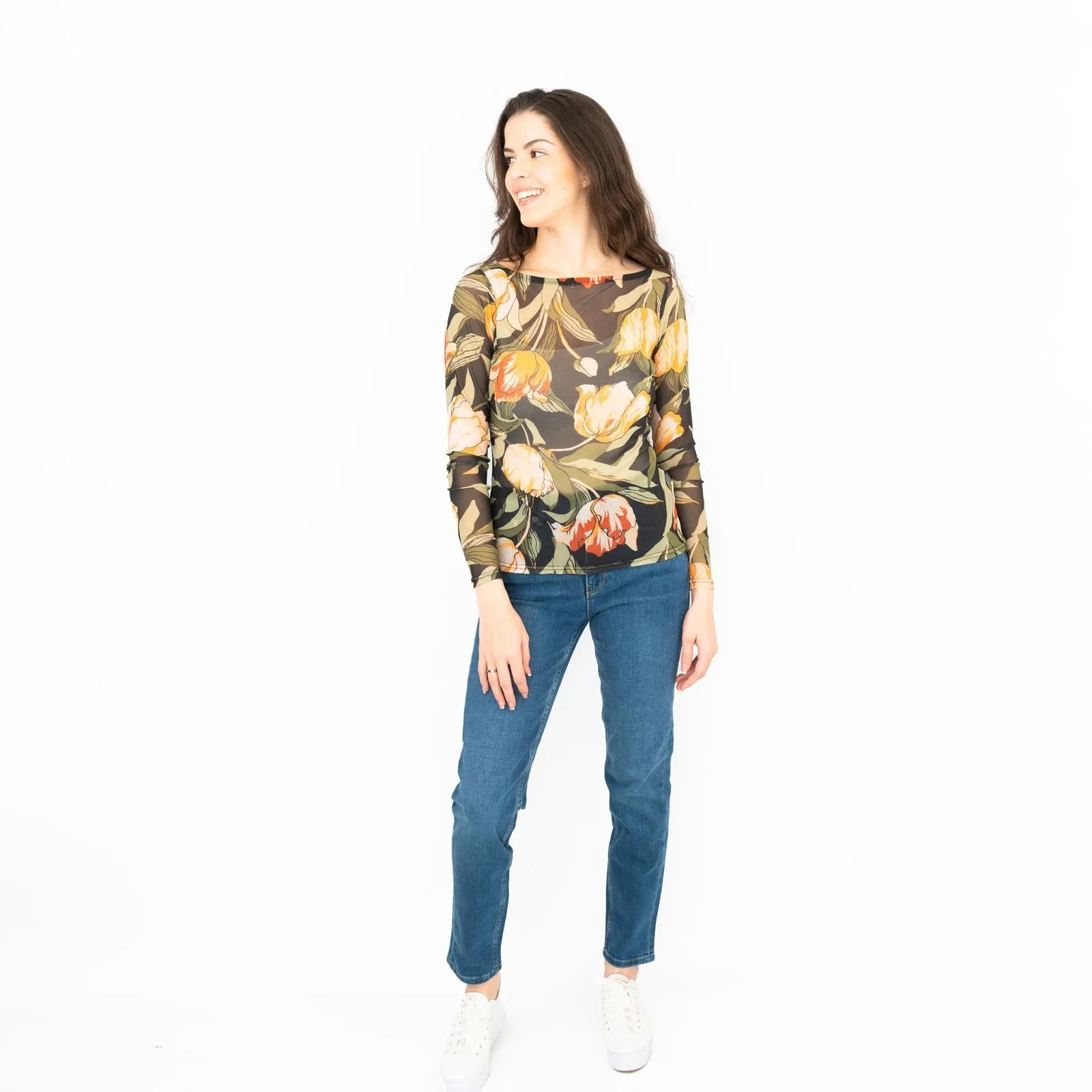 Karen Millen Floral Tulip Mesh Top Womens Long Sleeve Round Neck