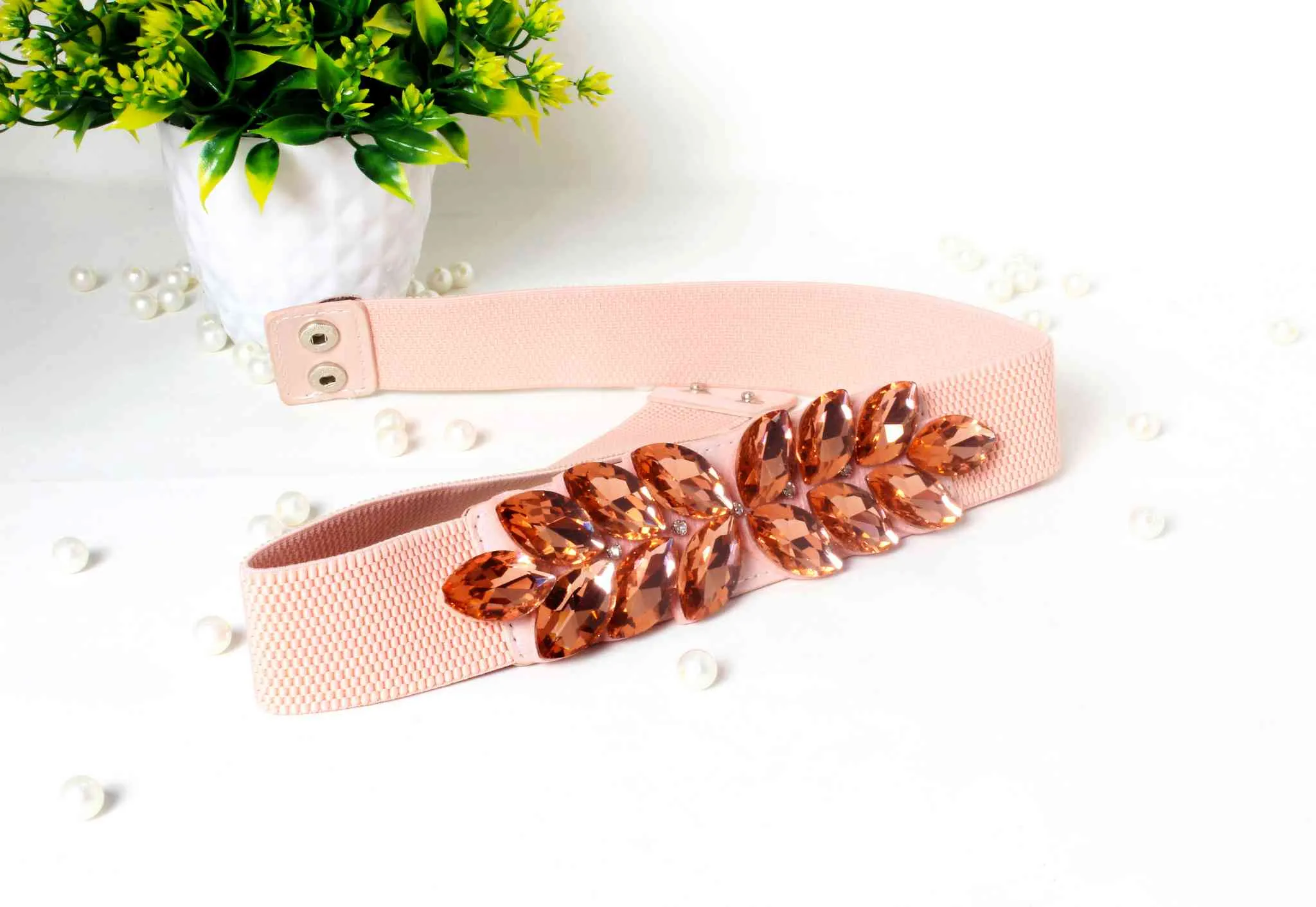 Leaf Style Fancy Rhinestones Party Belt for Girls, Women, Peach