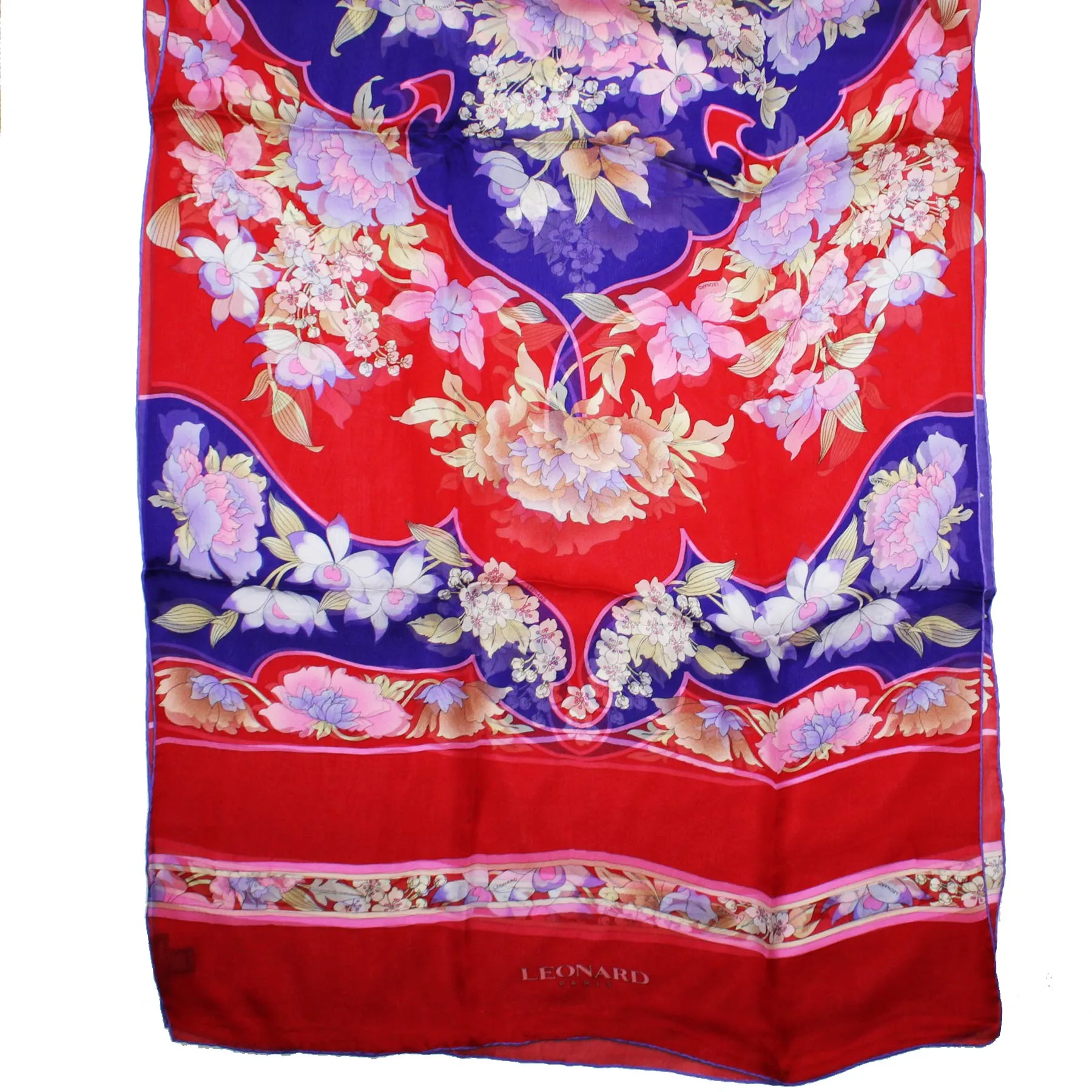 Leonard Paris Scarf Red Purple Floral - Chiffon Silk Shawl SALE