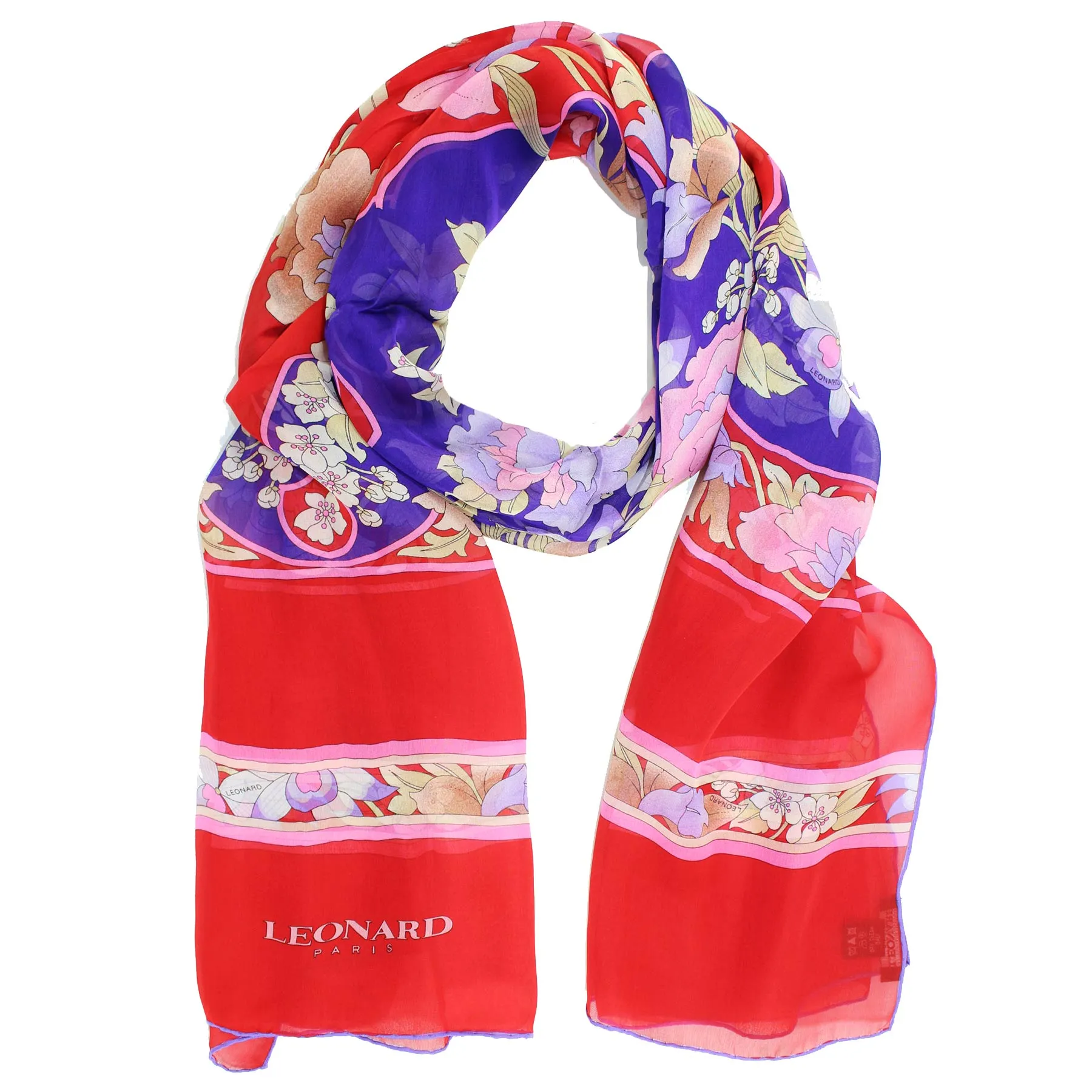 Leonard Paris Scarf Red Purple Floral - Chiffon Silk Shawl SALE