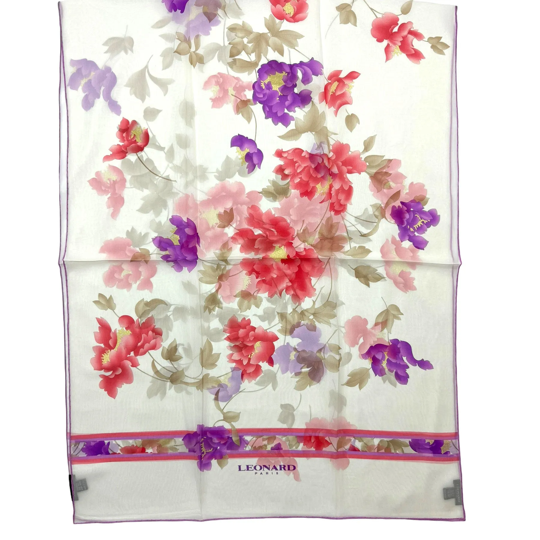 Leonard Paris Scarf White Purple Red Pink Floral Design - Chiffon Silk Shawl