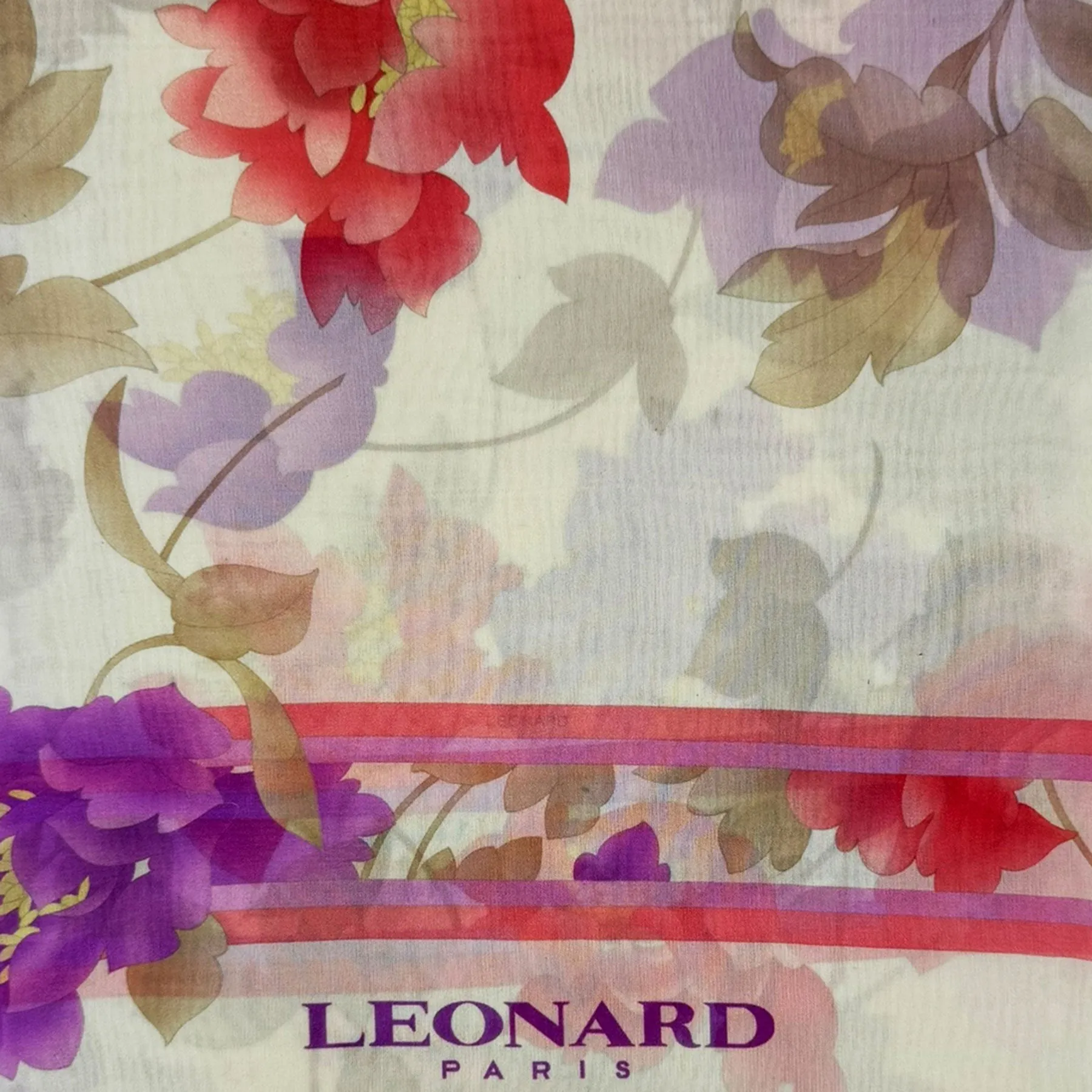 Leonard Paris Scarf White Purple Red Pink Floral Design - Chiffon Silk Shawl