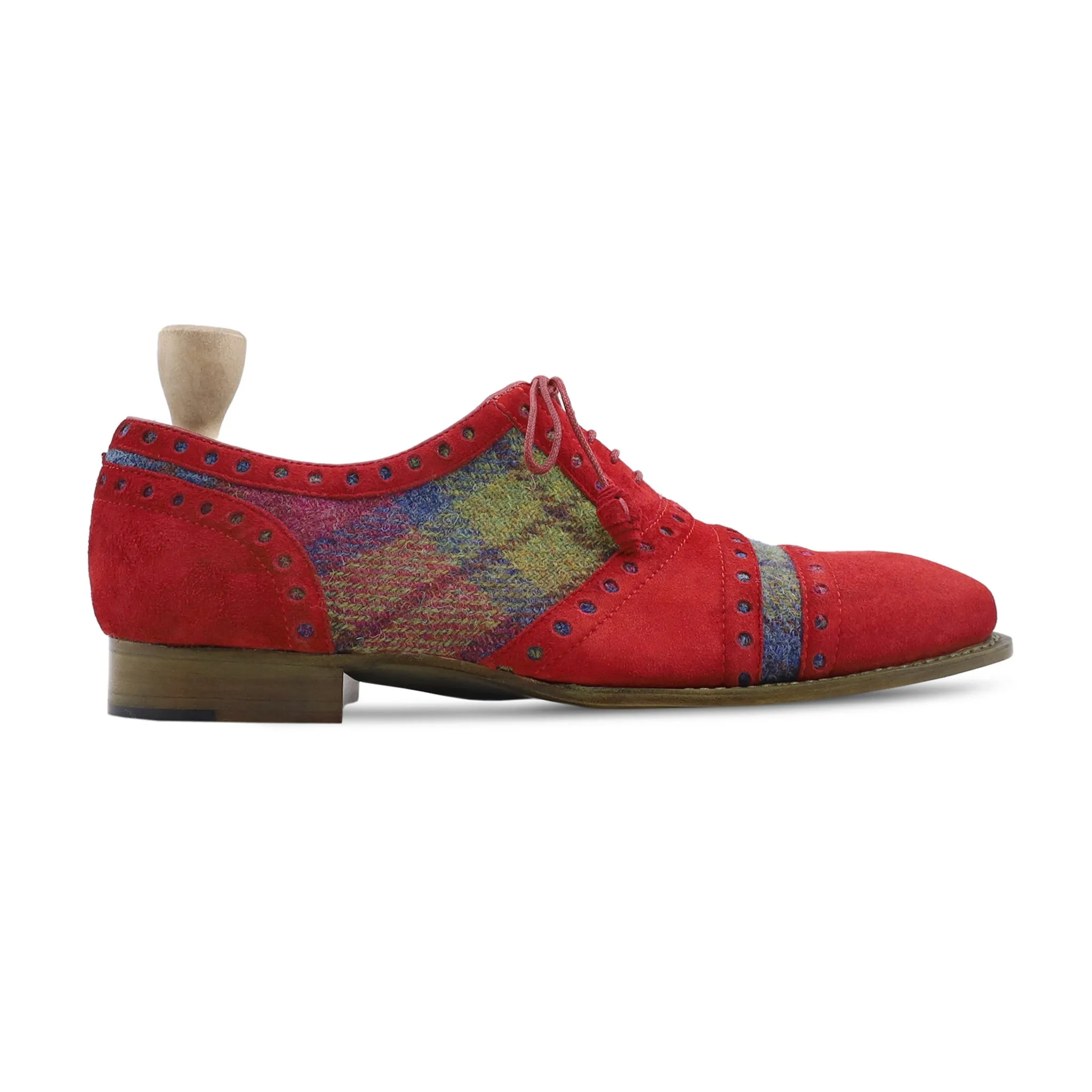 Marok Gy - Men's Red Kid Suede Leather and Harrish Tweed Oxford Shoe