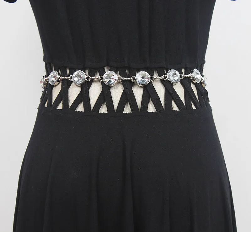 Retro Women's Fashion Shiny Rhinestone Embellished Belt Dress with Metal Waist Chain