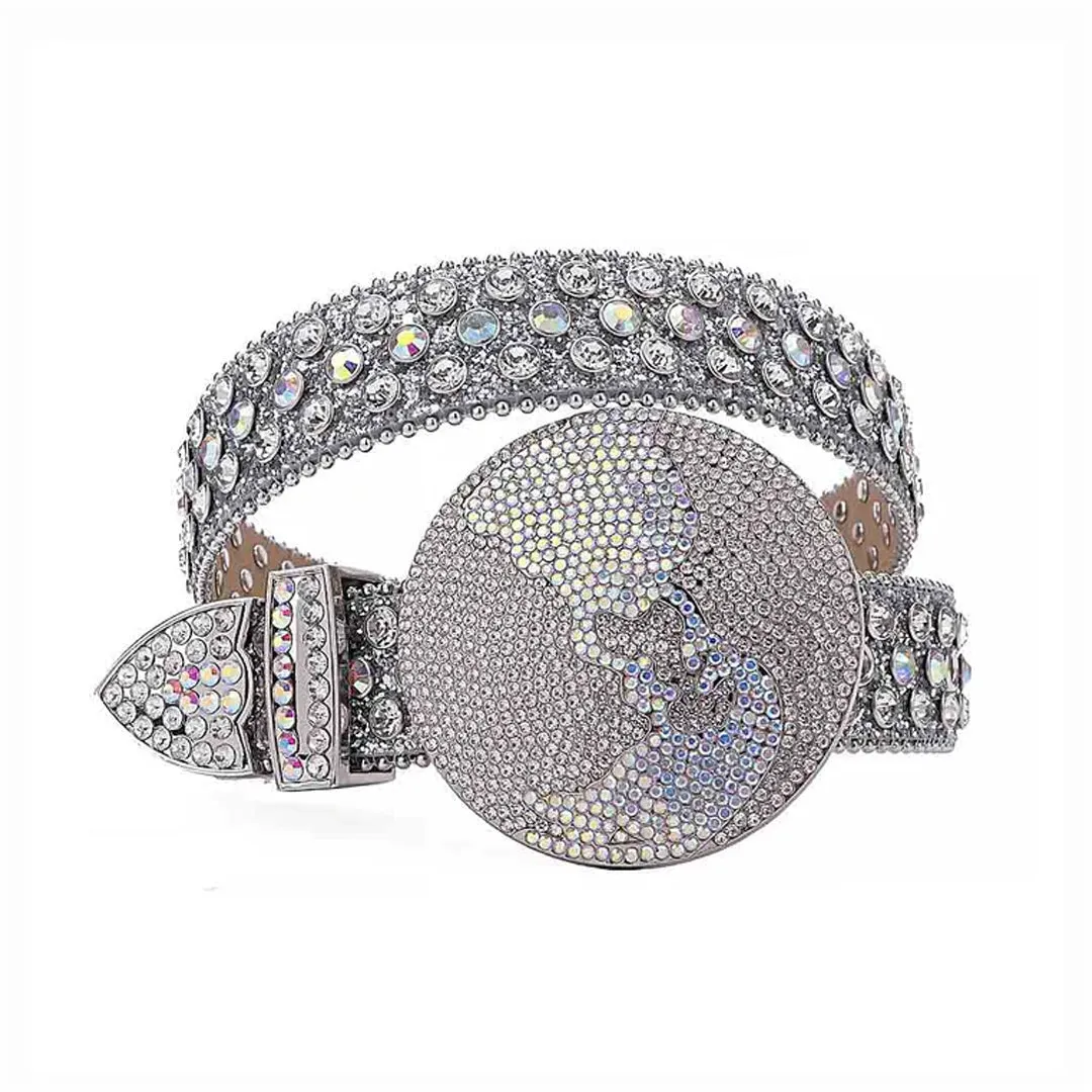 Rhinestone Globe Buckle With Silver & Crystal Studded Belt