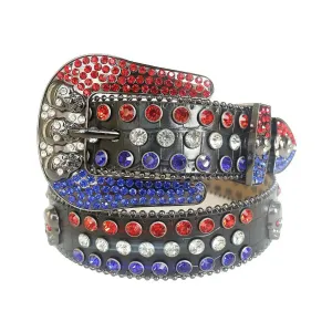 Rhinestone Red And Blue Belt With Black Strap and Skull Buckles