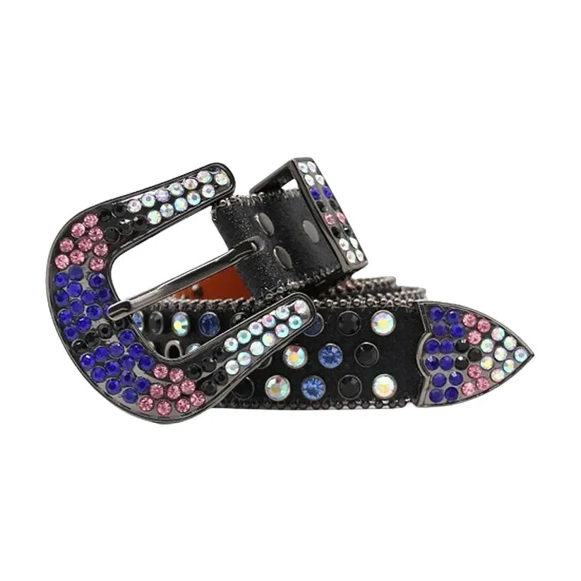 Rhinestone Skull Black Strap With Blue & Multi Studded Rhinestone Belt