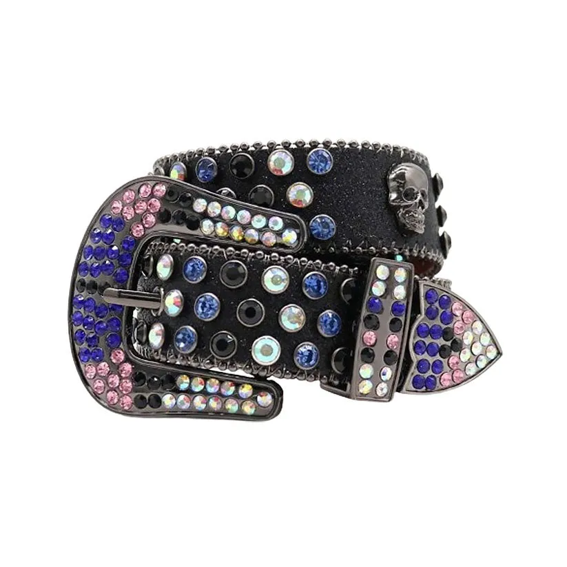 Rhinestone Skull Black Strap With Blue & Multi Studded Rhinestone Belt