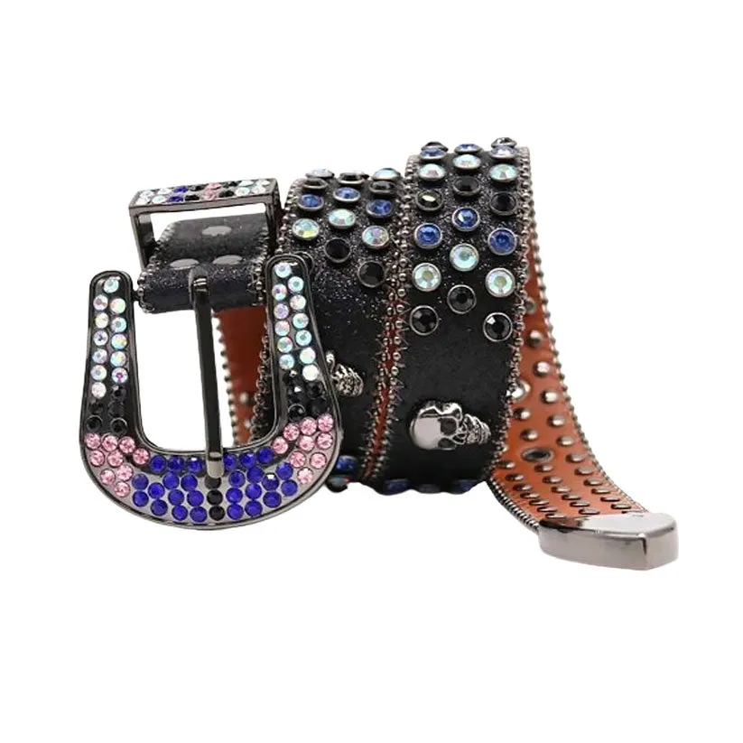 Rhinestone Skull Black Strap With Blue & Multi Studded Rhinestone Belt