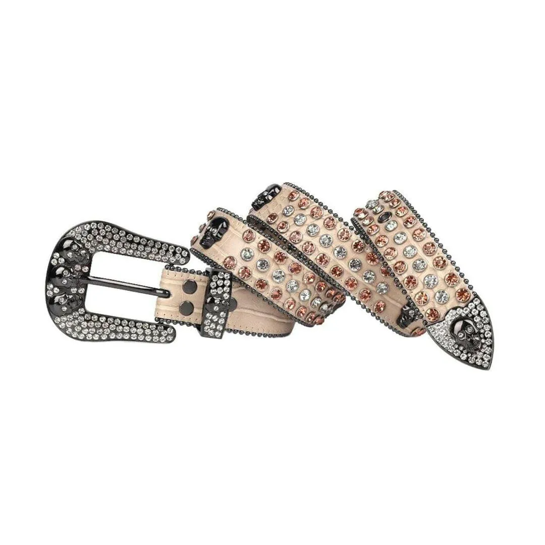 Rhinestone Skull Buckle Beige Strap With Brown & Crystal Studded Belt