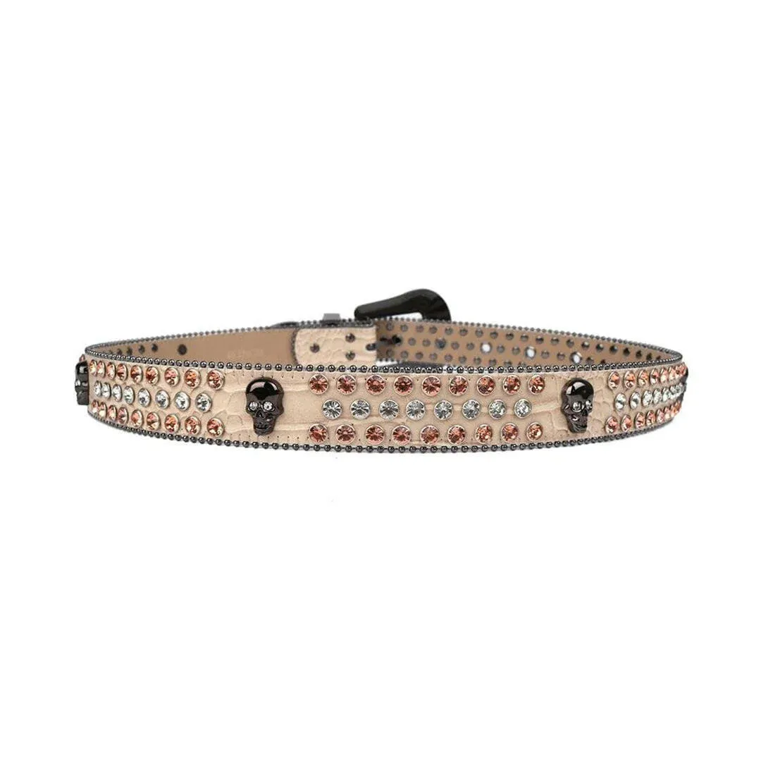 Rhinestone Skull Buckle Beige Strap With Brown & Crystal Studded Belt