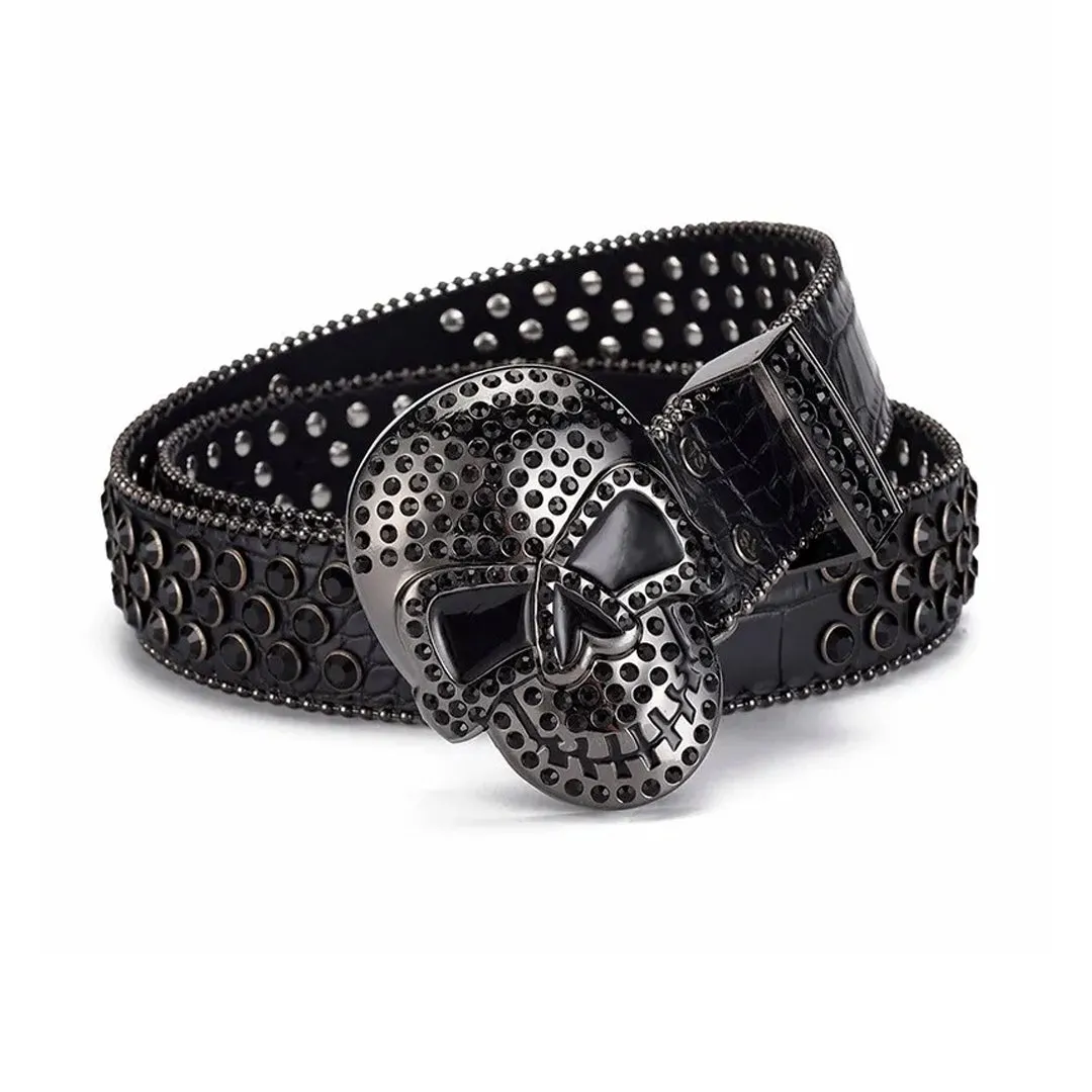 Rhinestone Skull Buckle Black Strap With Black Studded Belt